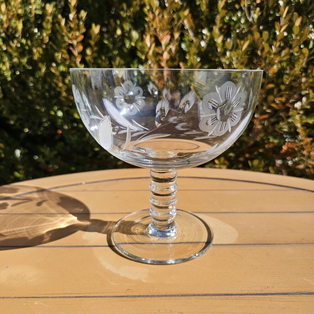 Vintage Etched Floral Glass Pedestal Bowl